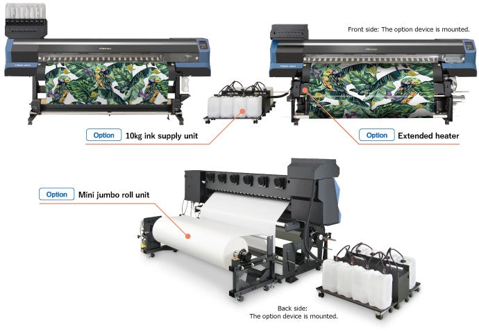 Mimaki TS55-1800 with bulk ink supply unit, extended heater, and mini jumbo roll unit